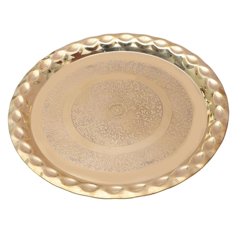 Two Moustaches 13 Inches Floral Carved Design Brass Pooja Thali Pooja Thali for Home Temple Designer Aarti Thali Brass Thali for Pooja Thali for Bhog Brass Pooja Plate Golden Pack of 1 - Image 2