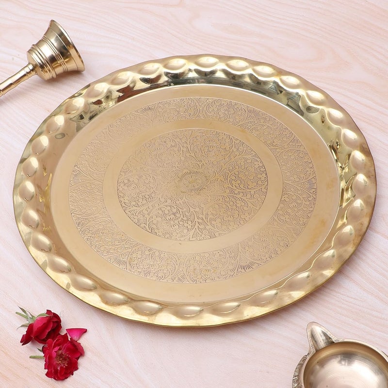 Two Moustaches 13 Inches Floral Carved Design Brass Pooja Thali Pooja Thali for Home Temple Designer Aarti Thali Brass Thali for Pooja Thali for Bhog Brass Pooja Plate Golden Pack of 1 - Image 3