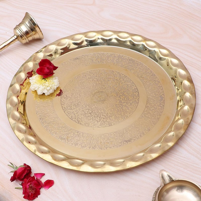 Two Moustaches 13 Inches Floral Carved Design Brass Pooja Thali Pooja Thali for Home Temple Designer Aarti Thali Brass Thali for Pooja Thali for Bhog Brass Pooja Plate Golden Pack of 1 - Image 4