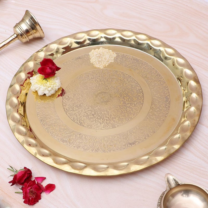 Two Moustaches 13 Inches Floral Carved Design Brass Pooja Thali Pooja Thali for Home Temple Designer Aarti Thali Brass Thali for Pooja Thali for Bhog Brass Pooja Plate Golden Pack of 1 - Image 1