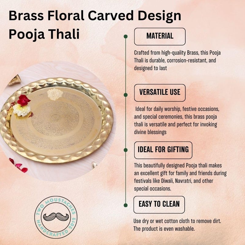Two Moustaches 13 Inches Floral Carved Design Brass Pooja Thali Pooja Thali for Home Temple Designer Aarti Thali Brass Thali for Pooja Thali for Bhog Brass Pooja Plate Golden Pack of 1 - Image 5