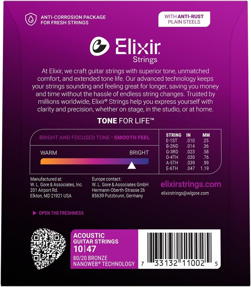 ELIXIR Durable versatile substance Strings 80/20 Bronze Acoustic Guitar W Nanoweb Coating, Extra Light (.010-.047) Good ventilation - Image 2
