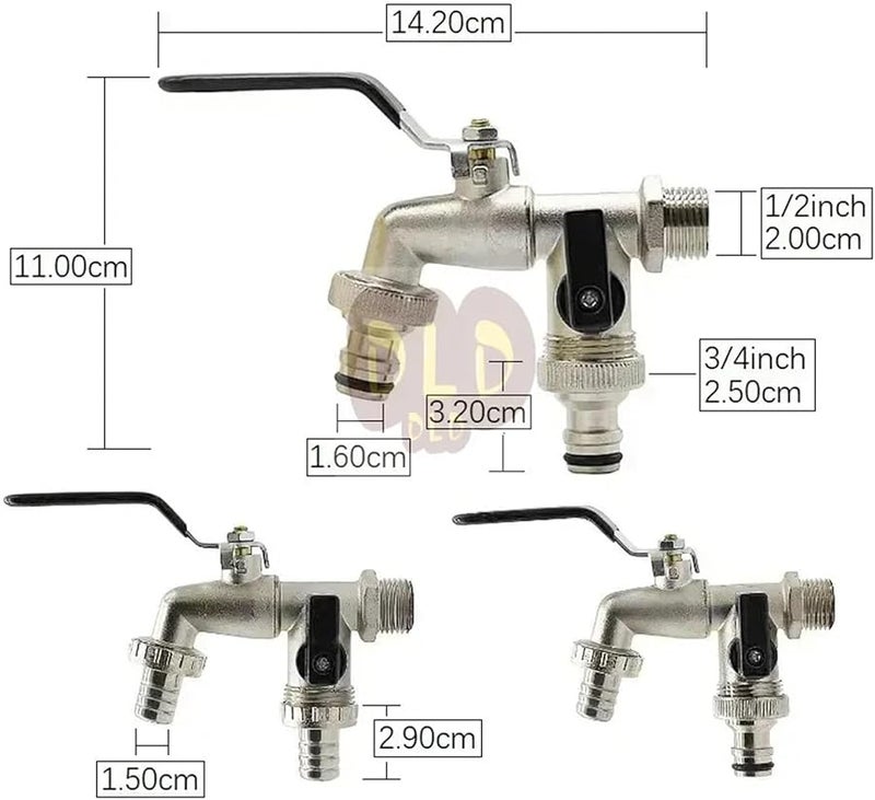 Brass Blue Outdoor Garden Water Tap Anti Freeze Bibcock 1 Inlet 2 Outlet Dual Nipple - Image 3