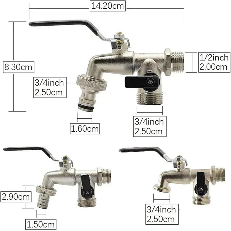 Brass Blue Outdoor Garden Water Tap Anti Freeze Bibcock 1 Inlet 2 Outlet Dual Nipple - Image 4