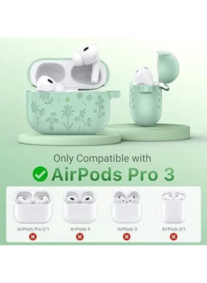 فكرة فاكرة جراب مخصص لـ AirPods Pro 3 (2025) بتصميم محفور بنقوش زهور كيوت وأنيقة، مصنوع من سيليكون ناعم ومقاوم للصدمات لحماية شاملة مع حلقة مفاتيح لسهولة الحمل، ويأتي باللون الأخضر النعناعي 🌸🎧 - Image 4