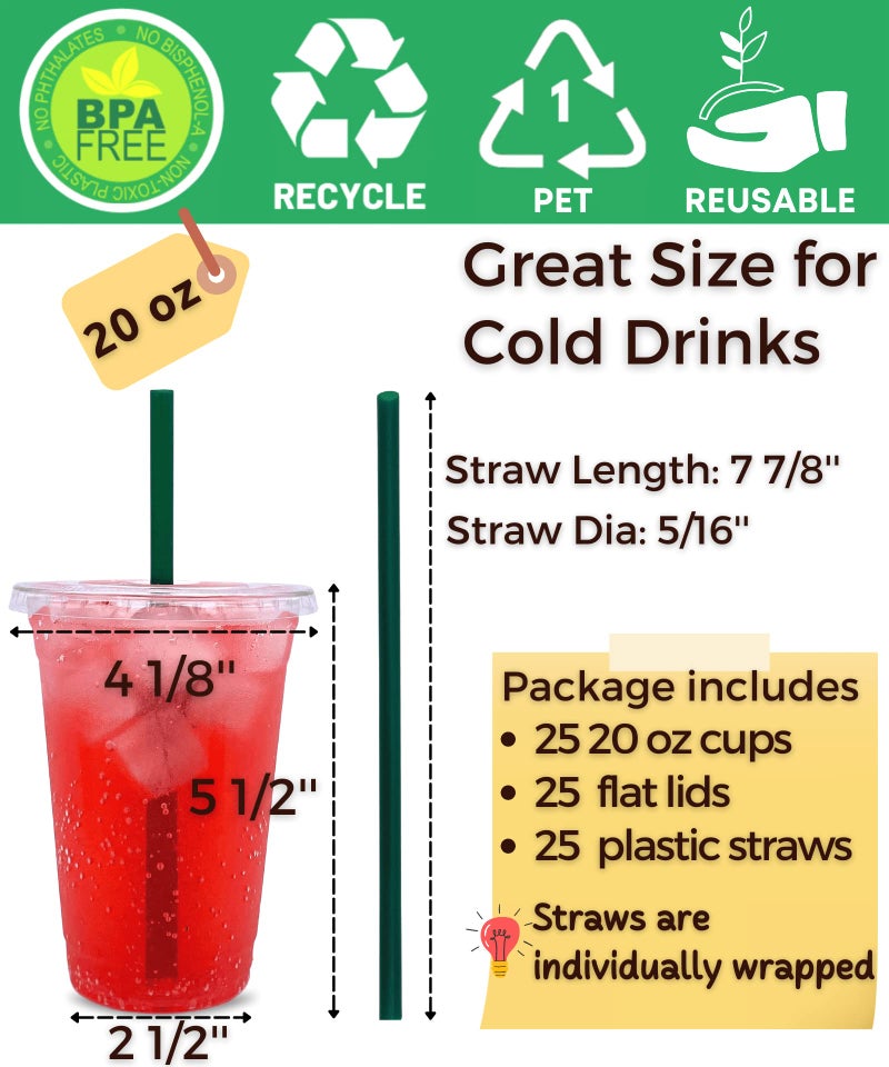 Aatriet 20 oz Clear Plastic Cups with Lids and Straws  Disposable Coffee Cups 25 Sets - Image 2