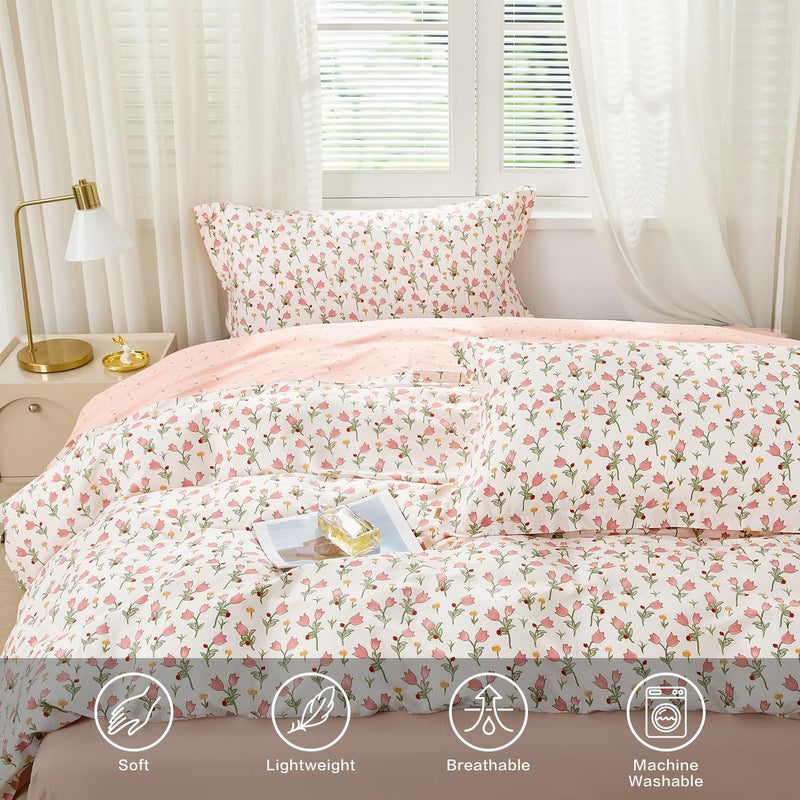 SAPHREAS Pink Bellflower Floral Duvet Cover Set Queen Size 3pcs Botanical Blossom Bedding Comforter Cover Set 100% Cotton 1 Duvet Cover 90"x90" 2 Pillow Shams, Comforter Not Included - Image 4