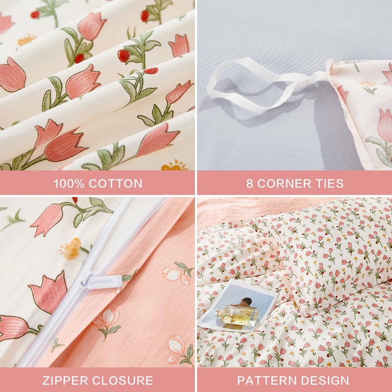 SAPHREAS Pink Bellflower Floral Duvet Cover Set Queen Size 3pcs Botanical Blossom Bedding Comforter Cover Set 100% Cotton 1 Duvet Cover 90"x90" 2 Pillow Shams, Comforter Not Included - Image 5