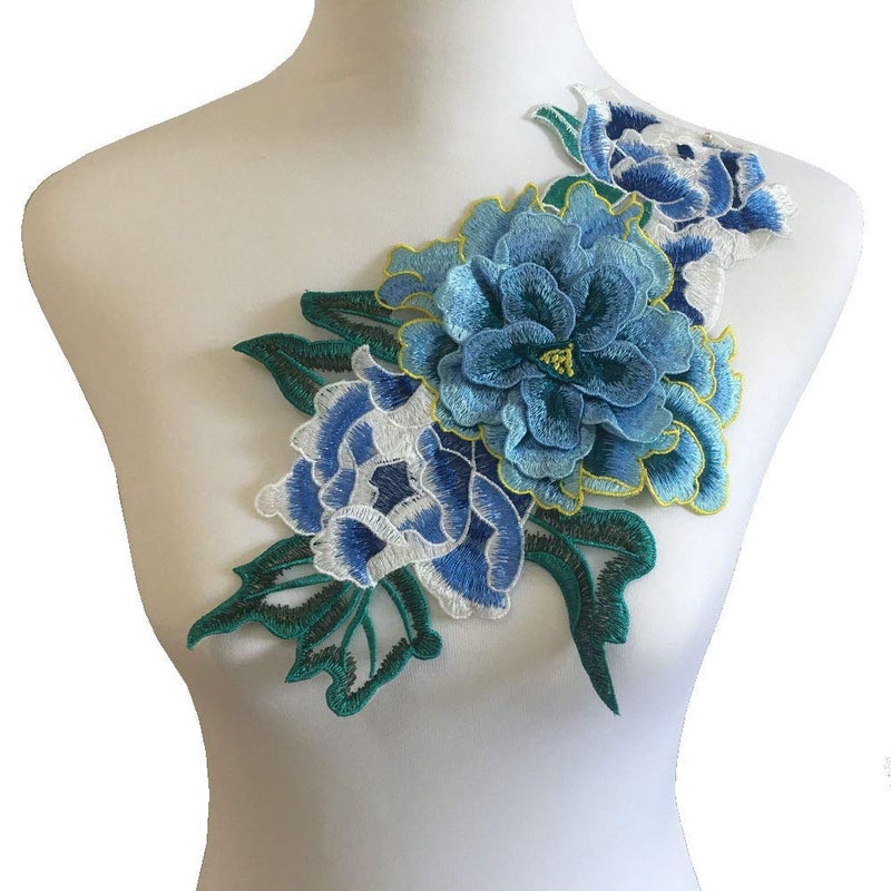 1pcs Flowers Embroidered Patch Sticker for Clothing Jacket Jeans Lace Applique DIY Clothes Decorations Fabric Patches (Color E Blue)