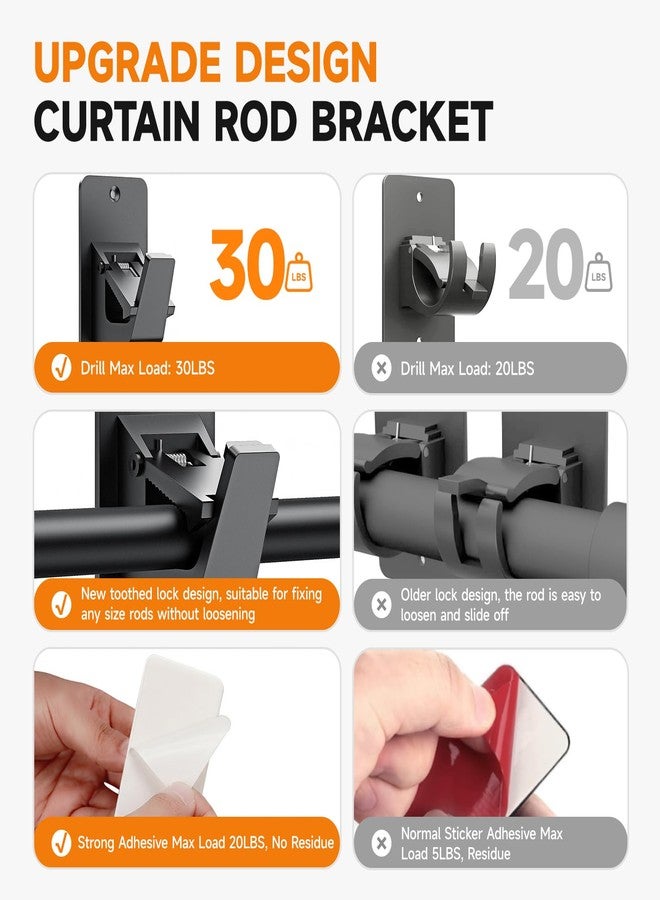 EKOTTOK Universal Curtain Rod Holders, No Drill Curtain Rod Brackets, Self 3M Adhesive Curtain Rod Brackets Up to 30 LB, Nail Free Curtain Rod Hooks for Bathroom, Bedroom, Livingroom, Kitchen (2PC, Black) - Image 4