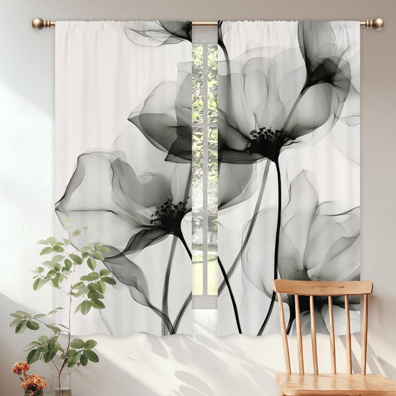 Mitpok Gray Floral Curtains for Bedroom 42Wx63H Inch Rod Pocket Black and White Ink Flower Watercolor Spring Minimalism Modern Simple Aesthetic 2 Panel Window Treatment Set for Living Room Decor - Image 3