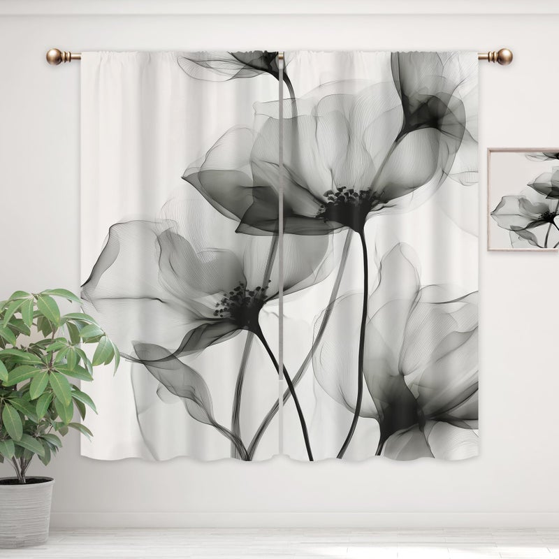 Mitpok Gray Floral Curtains for Bedroom 42Wx63H Inch Rod Pocket Black and White Ink Flower Watercolor Spring Minimalism Modern Simple Aesthetic 2 Panel Window Treatment Set for Living Room Decor - Image 2