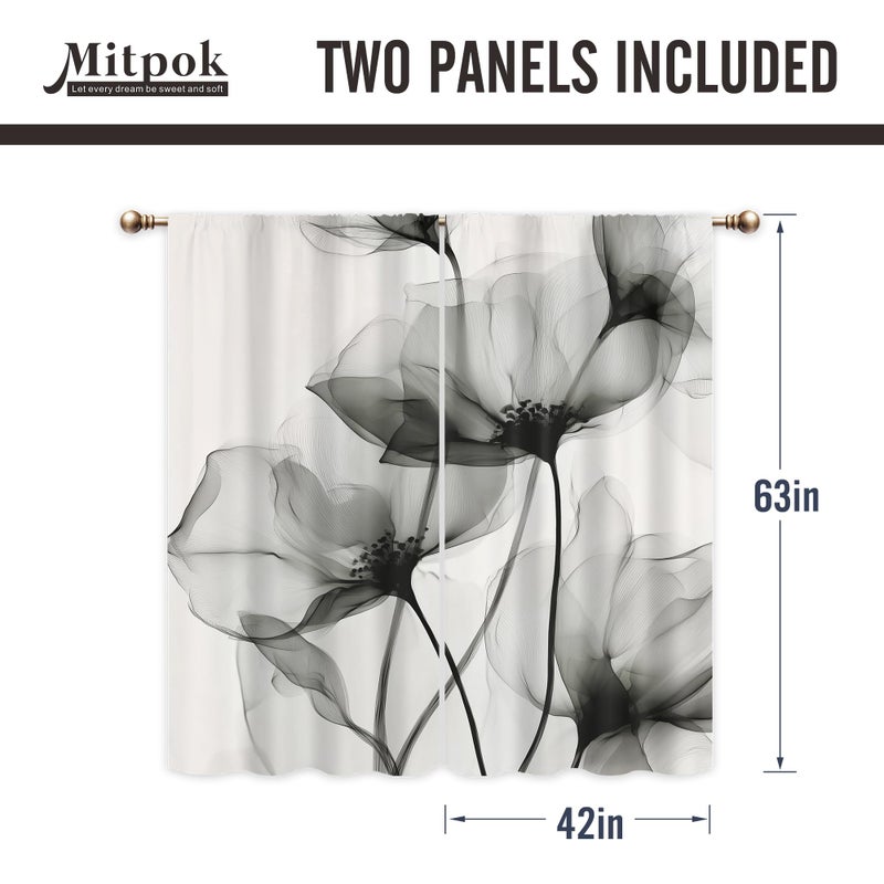 Mitpok Gray Floral Curtains for Bedroom 42Wx63H Inch Rod Pocket Black and White Ink Flower Watercolor Spring Minimalism Modern Simple Aesthetic 2 Panel Window Treatment Set for Living Room Decor - Image 5