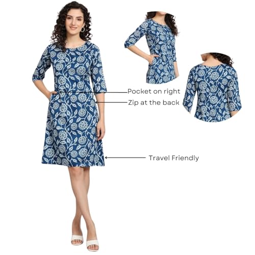 Powersutra Printed Dress for Women |A-line Dress for Women | Midi Length Dress | Comfortable & Stylish Fit Blue - Image 4
