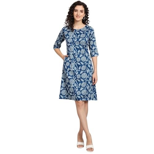 Powersutra Printed Dress for Women |A-line Dress for Women | Midi Length Dress | Comfortable & Stylish Fit Blue - Image 1
