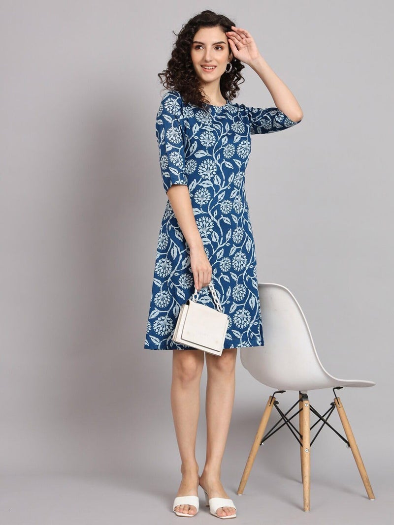 Powersutra Printed Dress for Women |A-line Dress for Women | Midi Length Dress | Comfortable & Stylish Fit Blue - Image 3
