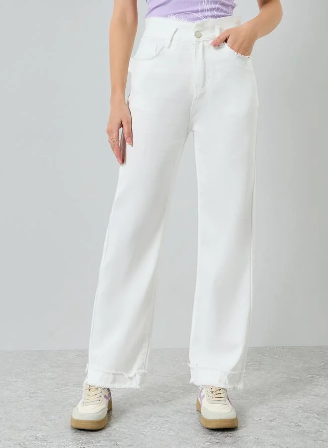 Styli Women Fringed-Trim Wide-Leg Jeans
