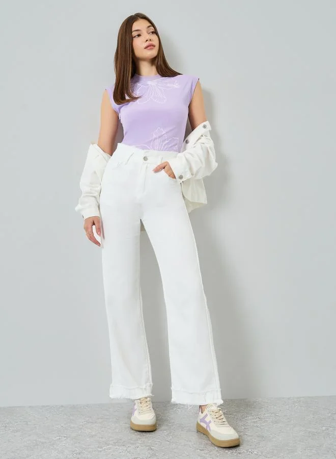 Styli Women Fringed-Trim Wide-Leg Jeans
