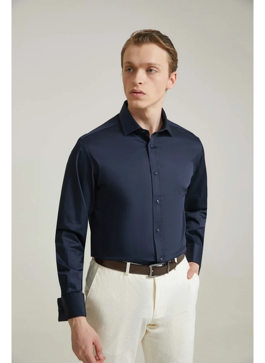 D'S DAMAT D'S Groom Ds Groom Regular Fit Navy Blue Plain Shirt