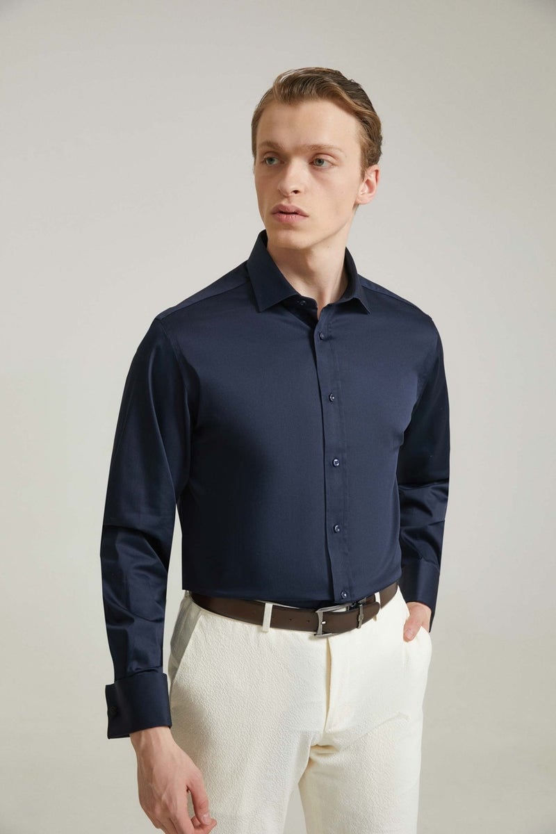 D'S DAMAT D'S Groom Ds Groom Regular Fit Navy Blue Plain Shirt - Image 1