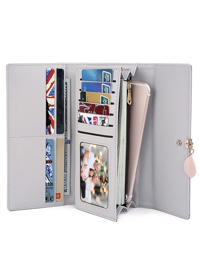 UTO Wallet For Women Pu Leather Leaf Pendant Card Holder Phone Checkbook Organizer Zipper Coin Purse Ace Large Grey - Image 2