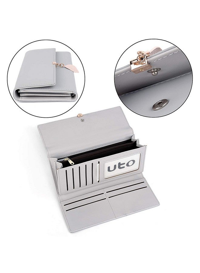 UTO Wallet For Women Pu Leather Leaf Pendant Card Holder Phone Checkbook Organizer Zipper Coin Purse Ace Large Grey - Image 4