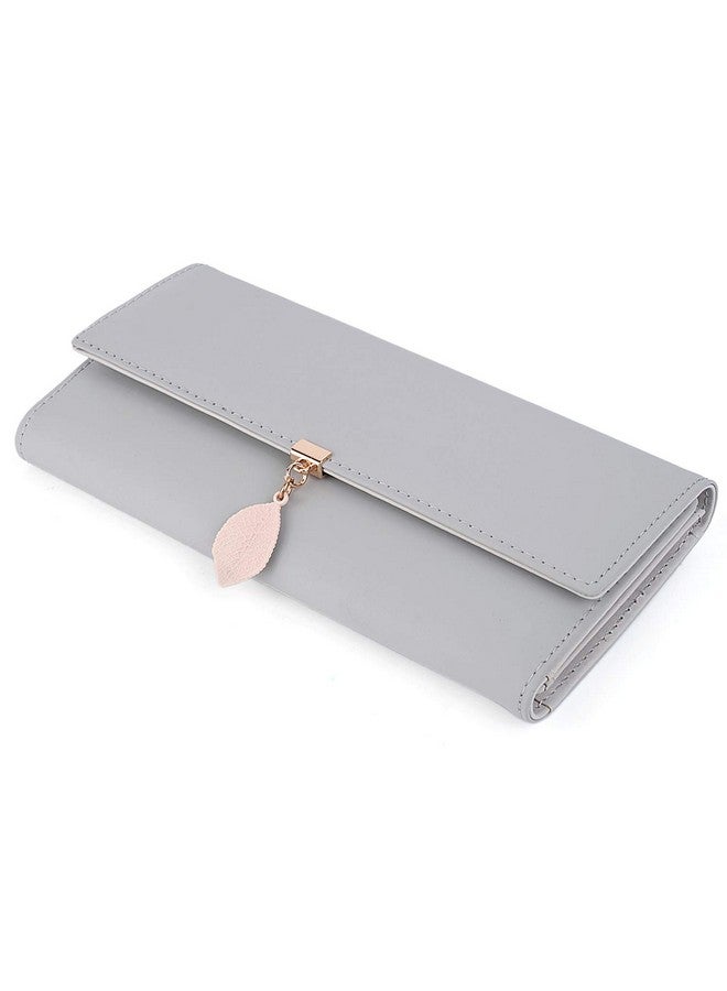 UTO Wallet For Women Pu Leather Leaf Pendant Card Holder Phone Checkbook Organizer Zipper Coin Purse Ace Large Grey - Image 5
