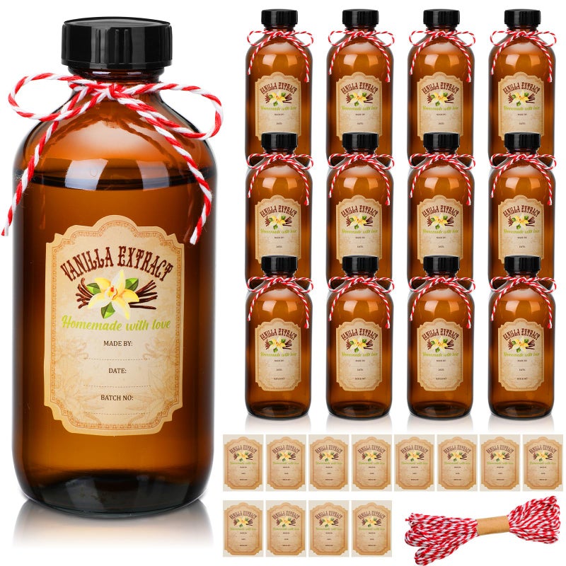 Uiifan 12 Pack Amber Glass Bottle Boston Round Bottles with Caps Brown Vanilla Extract Jars and 12 Pcs Vanilla Extract Stickers for Syrup Gift Glass Jar Food Storage Canister Set Sauce Beans8 oz
