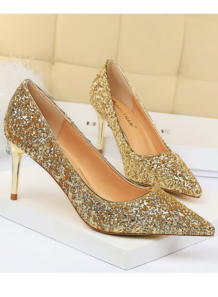 Women's Shiny Sequins Fashionable Stiletto Pumps 7 cm Elegant Gorgeous Closed Pointed Toe Slip On Solid High Heels Champagne