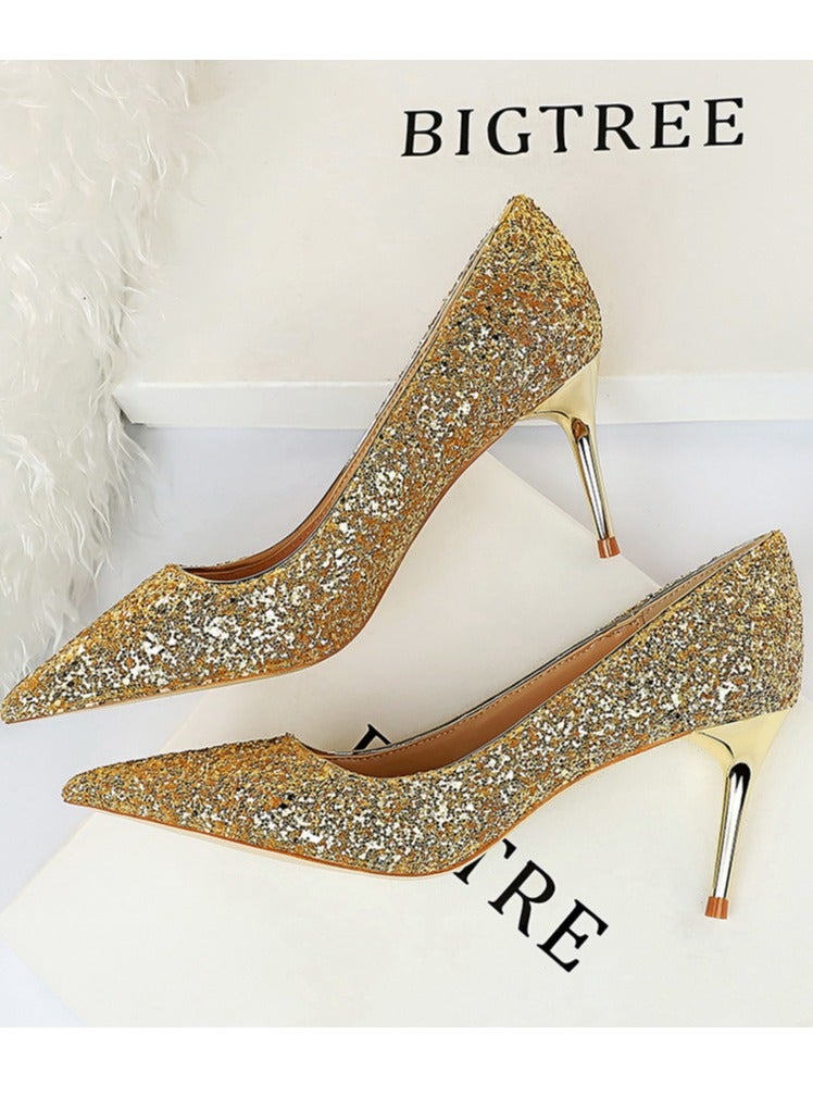 Women's Shiny Sequins Fashionable Stiletto Pumps 7 cm Elegant Gorgeous Closed Pointed Toe Slip On Solid High Heels Champagne