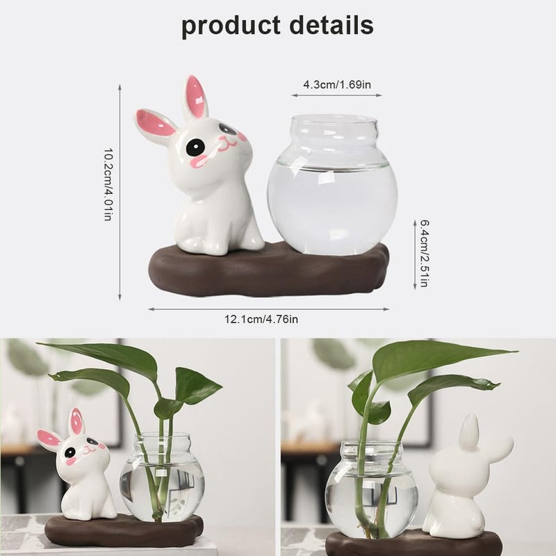 HASTHIP ® Mini Glass Hydroponics Pot Ornament, Set of 3Pcs Ceramic Art Cute Bunny Desk Hydroponics Ornament with Base, Decorative Desk Decor Ornament for Shelf, Office, Housewarming Gift - Image 2