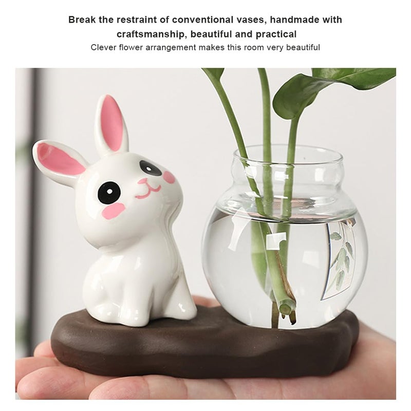 HASTHIP ® Mini Glass Hydroponics Pot Ornament, Set of 3Pcs Ceramic Art Cute Bunny Desk Hydroponics Ornament with Base, Decorative Desk Decor Ornament for Shelf, Office, Housewarming Gift - Image 4