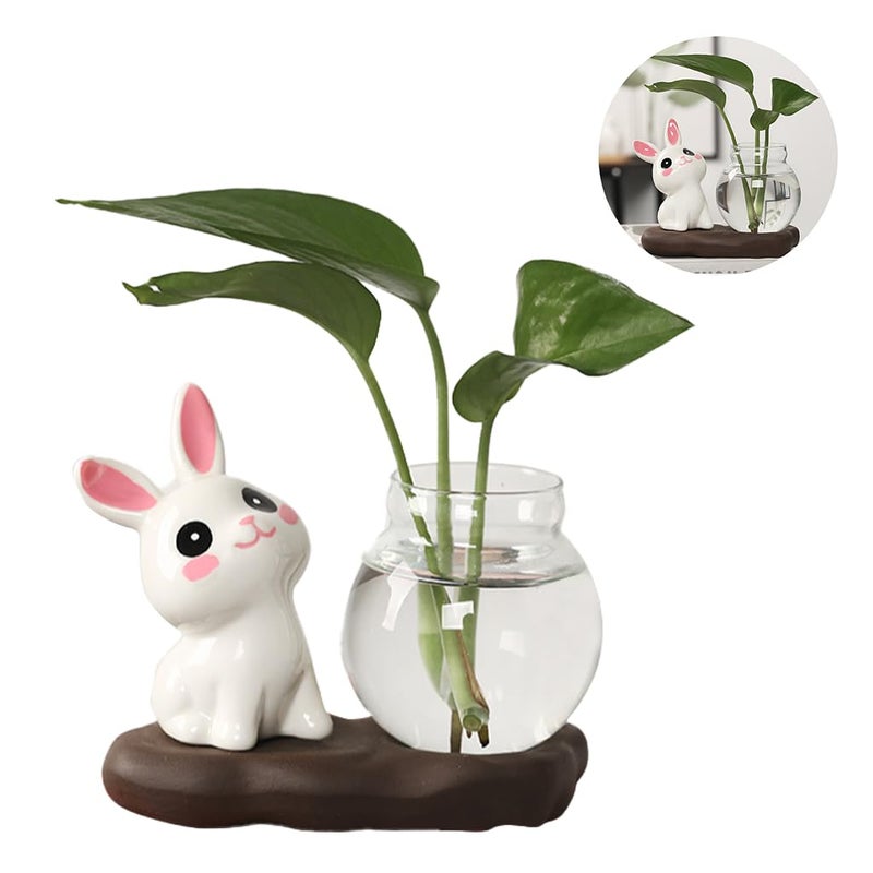 HASTHIP ® Mini Glass Hydroponics Pot Ornament, Set of 3Pcs Ceramic Art Cute Bunny Desk Hydroponics Ornament with Base, Decorative Desk Decor Ornament for Shelf, Office, Housewarming Gift - Image 1