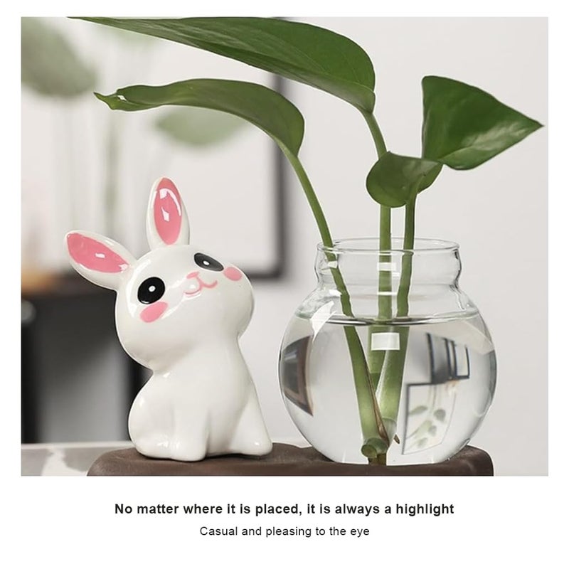 HASTHIP ® Mini Glass Hydroponics Pot Ornament, Set of 3Pcs Ceramic Art Cute Bunny Desk Hydroponics Ornament with Base, Decorative Desk Decor Ornament for Shelf, Office, Housewarming Gift - Image 5