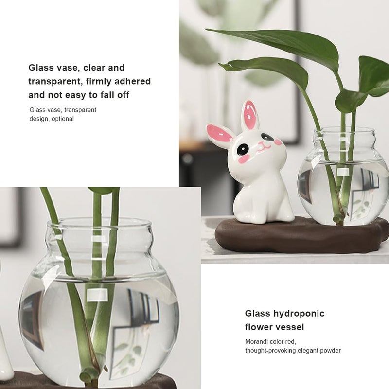 HASTHIP ® Mini Glass Hydroponics Pot Ornament, Set of 3Pcs Ceramic Art Cute Bunny Desk Hydroponics Ornament with Base, Decorative Desk Decor Ornament for Shelf, Office, Housewarming Gift - Image 3