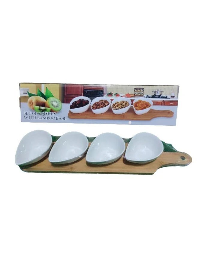 طقم من 4 أطباق تقديم سيراميك بقاعدة من الخيزران الطبيعي - أبيض/بني