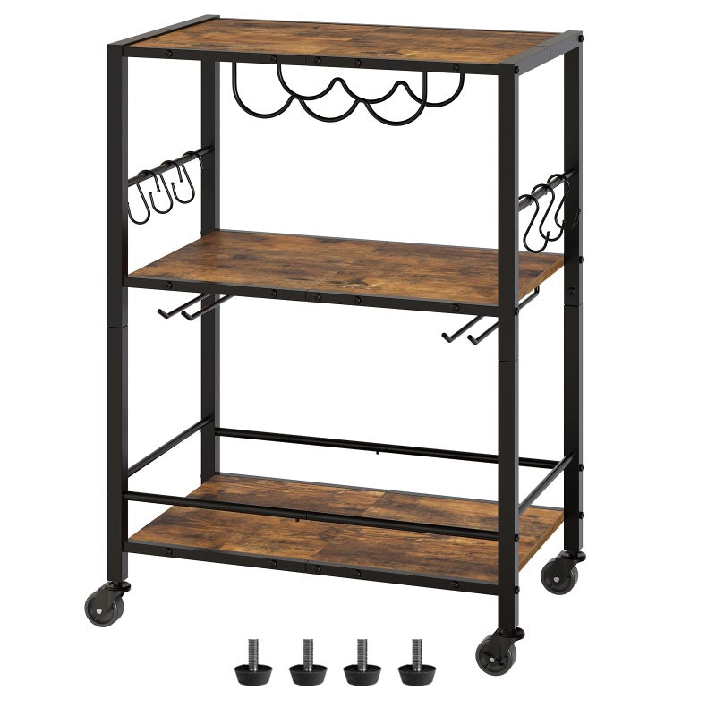 YATINEY YATINEY Bar Cart 3Tier Serving Cart Kitchen Cart with Wine Rack 224 L x 129 W x 323 H Microwave Cart with 6 Hooks Beverage Cart for Kitchen Living Room Rustic Brown and Black BC02BR