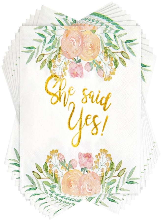 Sparkle and Bash Engagement Napkins for Party - 50-Pack, 5 x 5 In, 3-Ply, Gold Foil - She Said Yes Floral Design - Cocktail Napkins & Engagement Paper - Image 1