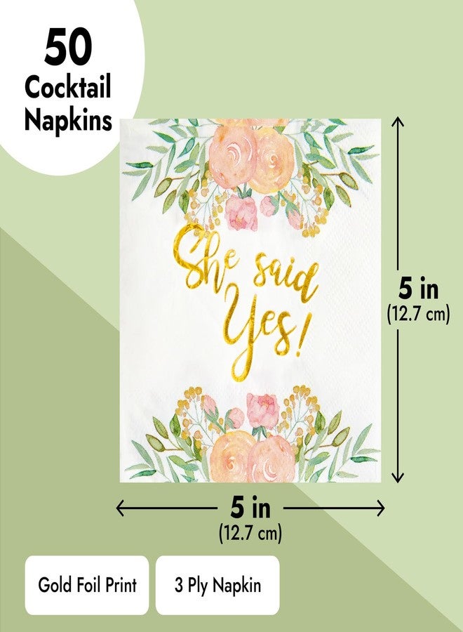 Sparkle and Bash Engagement Napkins for Party - 50-Pack, 5 x 5 In, 3-Ply, Gold Foil - She Said Yes Floral Design - Cocktail Napkins & Engagement Paper - Image 3