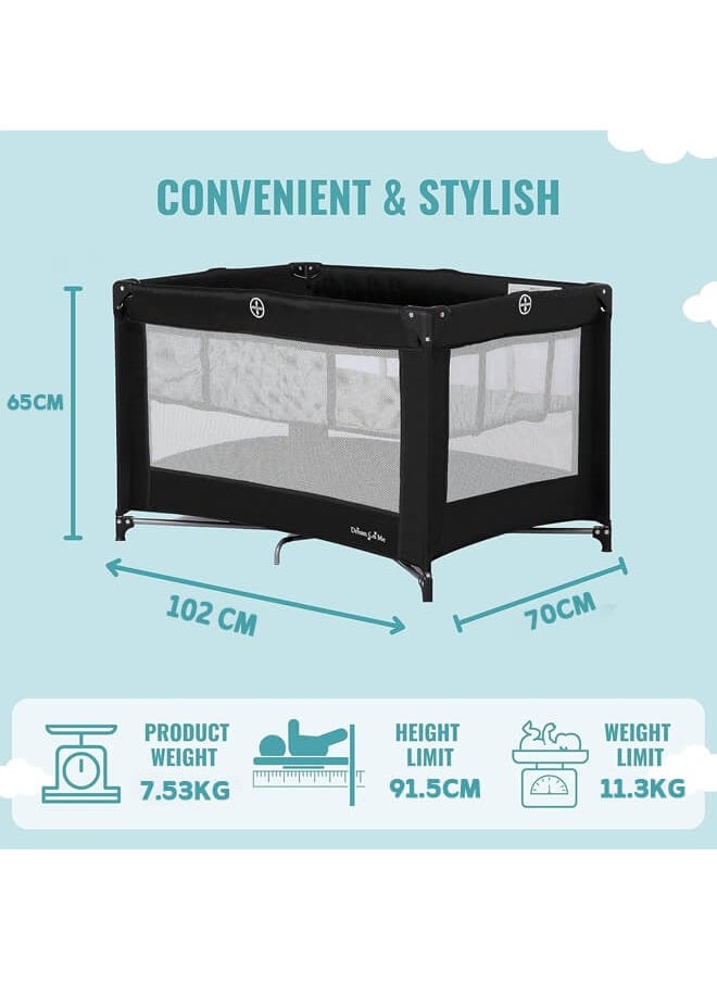 Riolio - Portable Playard in Black with Carrybag an Shoulder Strap, Lightweight, Packable and Easy Setup Baby Playard, Breathable Mesh Sides and Soft Fabric - Comes with a Removable Padded Mat - Image 1