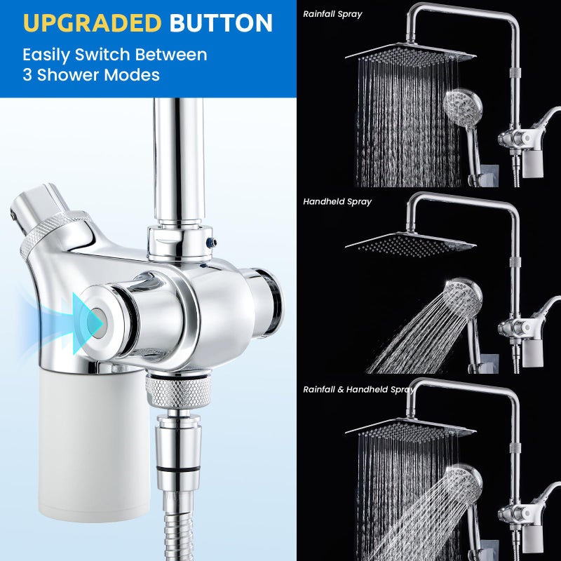 Ryamen Upgraded Dual Shower Heads Combo, 10 inch Filtered Shower Head with Handheld, 3-Way Rain Shower Head with Filters, 7 Settings Handheld Spray, High Pressure, Height Adjustable (Silver) - Image 2