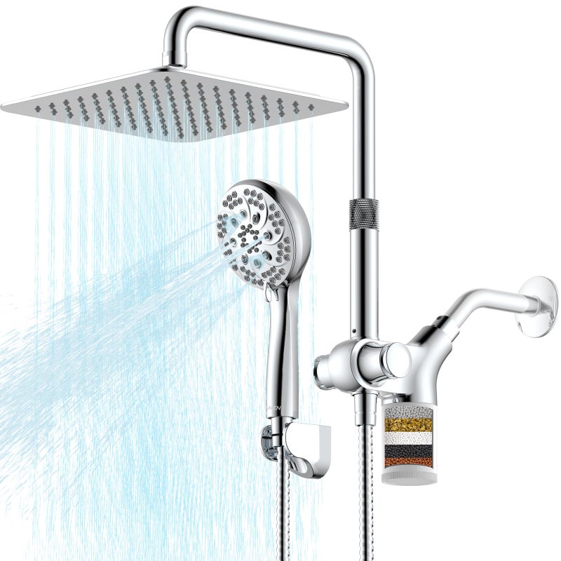 Ryamen Upgraded Dual Shower Heads Combo, 10 inch Filtered Shower Head with Handheld, 3-Way Rain Shower Head with Filters, 7 Settings Handheld Spray, High Pressure, Height Adjustable (Silver) - Image 1