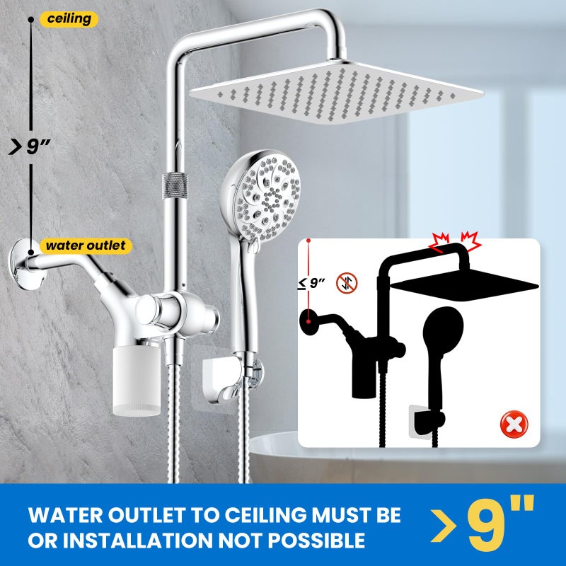 Ryamen Upgraded Dual Shower Heads Combo, 10 inch Filtered Shower Head with Handheld, 3-Way Rain Shower Head with Filters, 7 Settings Handheld Spray, High Pressure, Height Adjustable (Silver) - Image 4