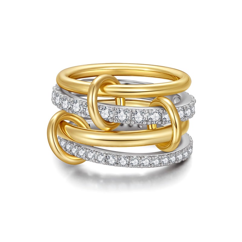 TLY Stackable Gold Rings for Women 18K Gold Plated Interlocking Ring Stack Set Gold Silver Mixed Metal Statement Rings Waterproof Dainty Cubic Zirconia CZ Fashion Connected Band Thumb Ring Size 4-11 Valentines Day Jewelry gifts - Image 1