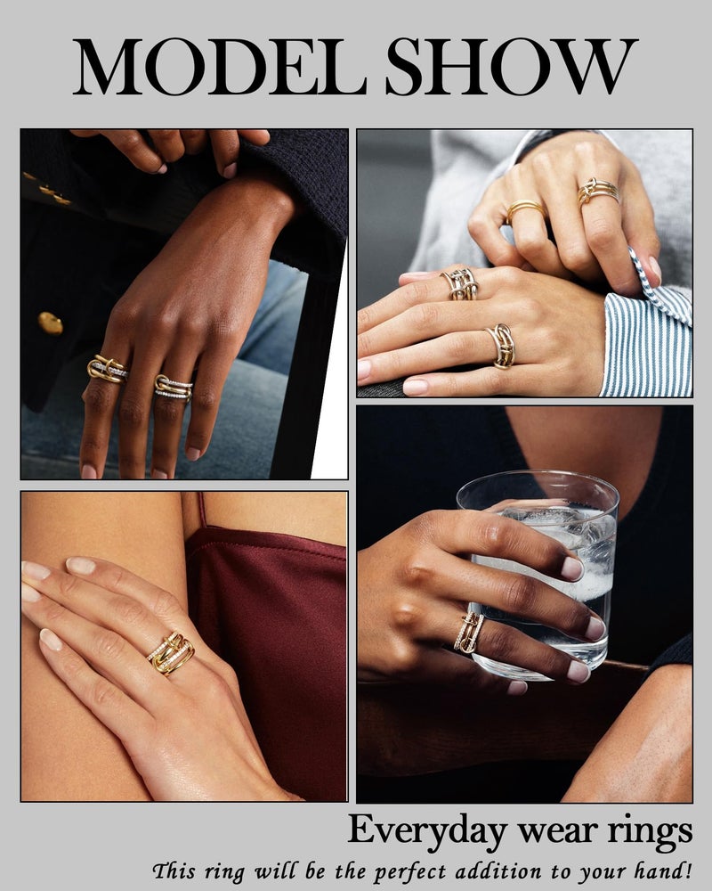TLY Stackable Gold Rings for Women 18K Gold Plated Interlocking Ring Stack Set Gold Silver Mixed Metal Statement Rings Waterproof Dainty Cubic Zirconia CZ Fashion Connected Band Thumb Ring Size 4-11 Valentines Day Jewelry gifts - Image 3