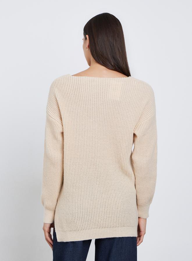 Styli Beige Longline Dropped Shoulder Knit Sweater - Image 4