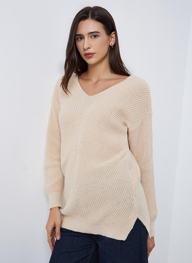 Styli Beige Longline Dropped Shoulder Knit Sweater - Image 1