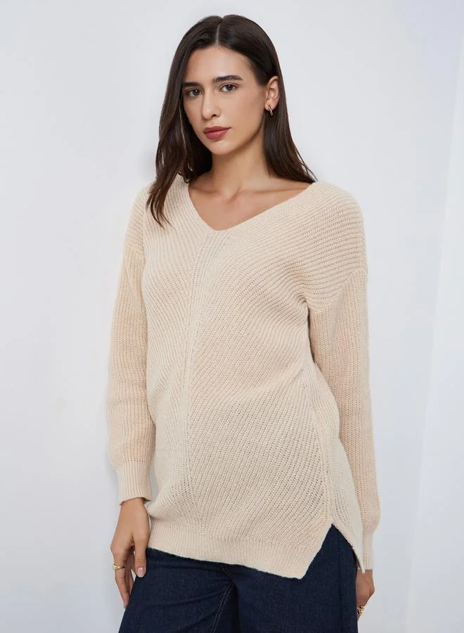 Styli Beige Longline Dropped Shoulder Knit Sweater