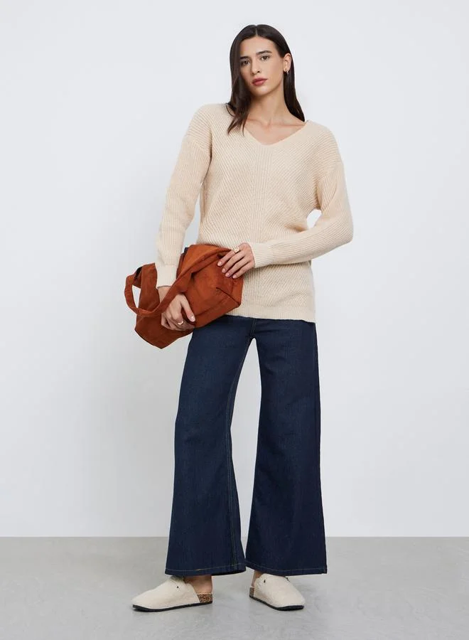 Styli  Styli Beige Longline Dropped Shoulder Knit Sweater for Women | Best Price UAE