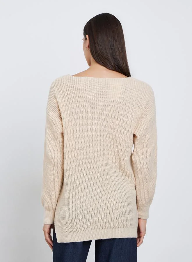 Styli  Styli Beige Longline Dropped Shoulder Knit Sweater for Women | Best Price UAE